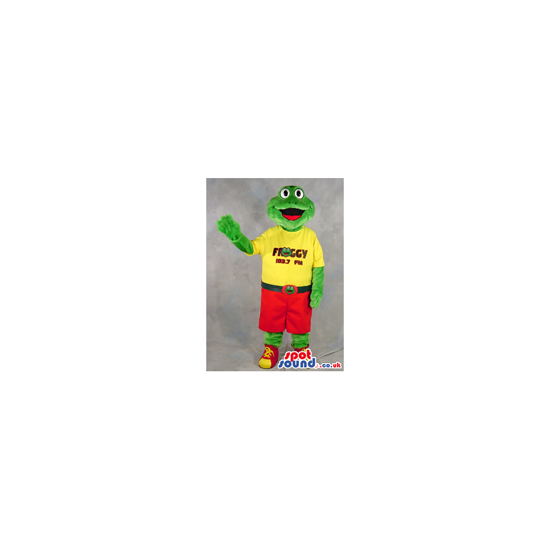 Green Frog Plush Mascot Wearing A Yellow T-Shirt With Text -