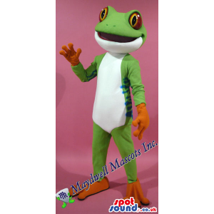 Green Frog Plush Mascot With A White Belly And Red Eyes -