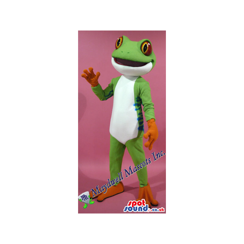 Green Frog Plush Mascot With A White Belly And Red Eyes -