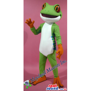 Green Frog Plush Mascot With A White Belly And Red Eyes -