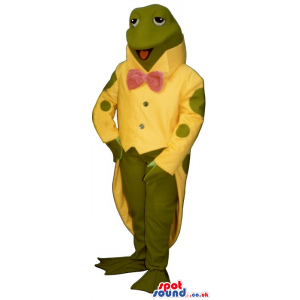 Green Frog Plush Mascot Wearing A Yellow Jacket And A Bow Tie -