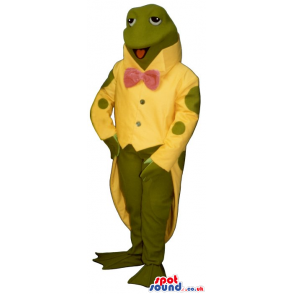 Green Frog Plush Mascot Wearing A Yellow Jacket And A Bow Tie -