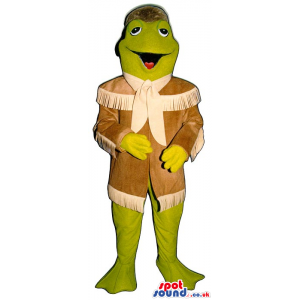 Green Frog Plush Mascot Wearing Davy Crockett Brown Garments -