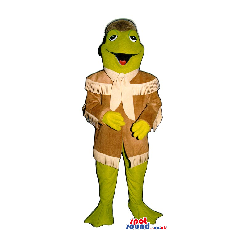 Green Frog Plush Mascot Wearing Davy Crockett Brown Garments -