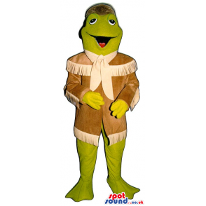 Green Frog Plush Mascot Wearing Davy Crockett Brown Garments -