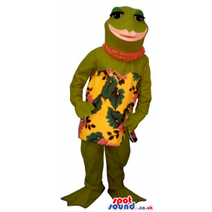 Green Frog Mascot Wearing A Yellow Tropical Dress And Necklace