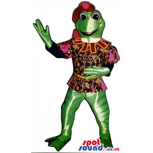 Green Frog Plush Mascot Wearing Medieval Troubadour Garments -