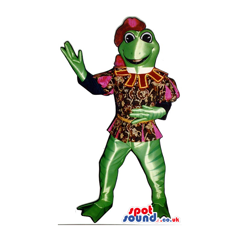 Green Frog Plush Mascot Wearing Medieval Troubadour Garments -