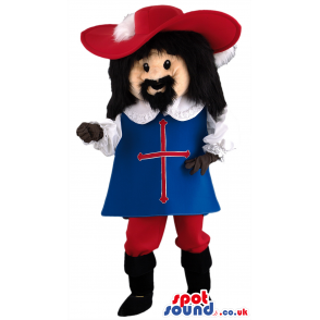 Black haired musketeer mascot with red hat,blue robe and boots