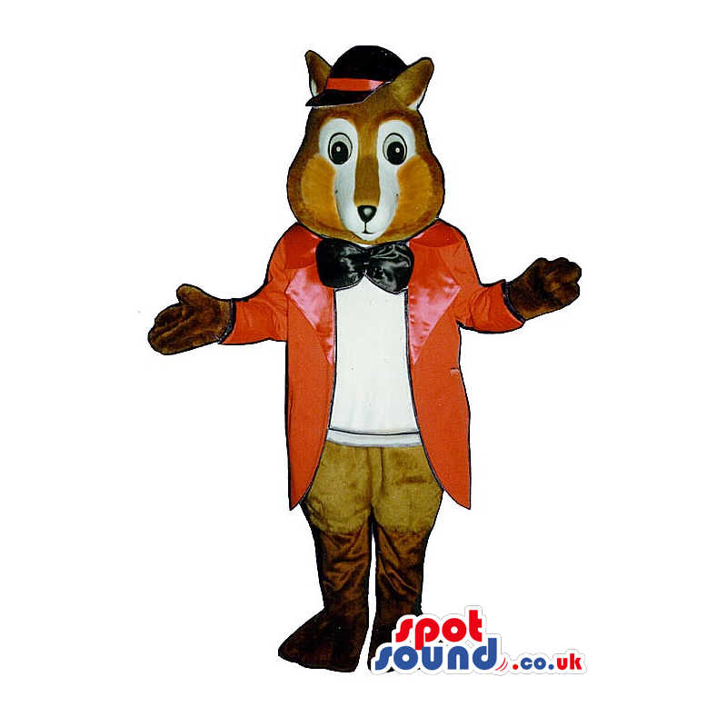 Fox Plush Mascot Wearing Elegant Long Red Jacket And A Bow Tie