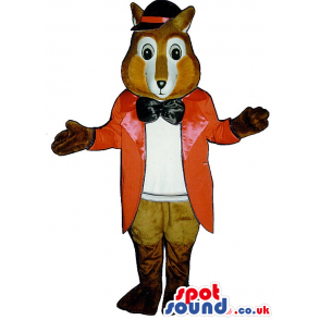 Fox Plush Mascot Wearing Elegant Long Red Jacket And A Bow Tie