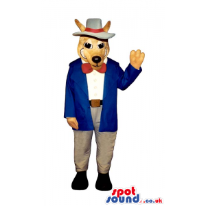 Ox Plush Mascot Wearing Gangster Long Red Jacket And A Bow Tie
