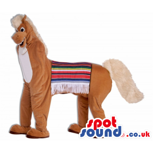 Brown And White Horse Mascot With Colorful Saddle Cloth -