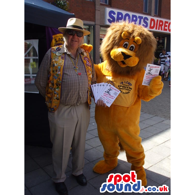 Friendly looking. standing yellow lion with fluffy brown mane -