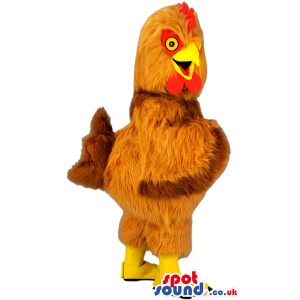 Brown Chicken mascot with red comb and wattle and yellow beak -
