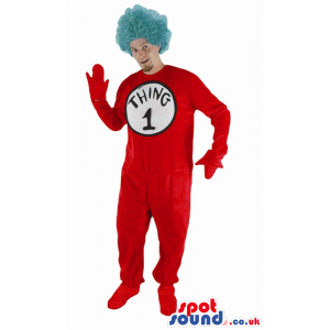 Red Adult Size Costume With A Blue Wig And A Number - Custom