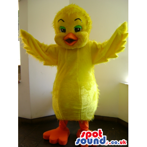 Giant yellow chick mascot, with wings and orange beak and foot