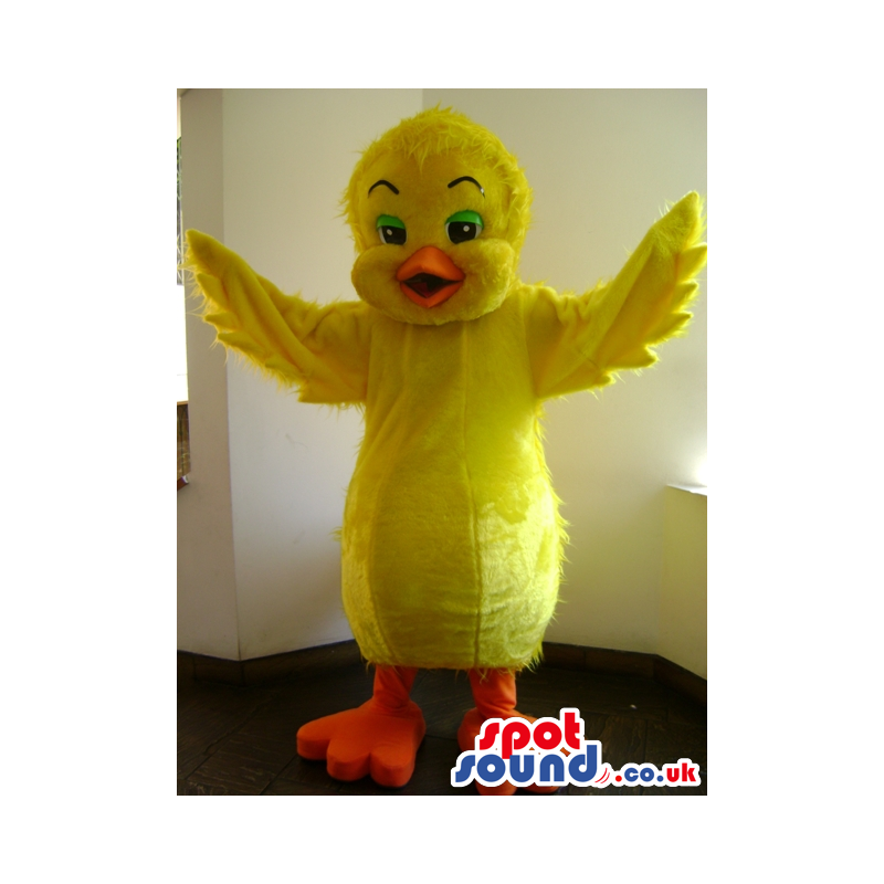 Giant yellow chick mascot, with wings and orange beak and foot