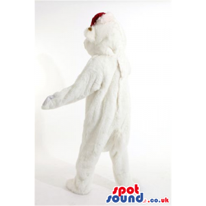 All White Polar Bear Plush Mascot Wearing A Santa Claus Hat -