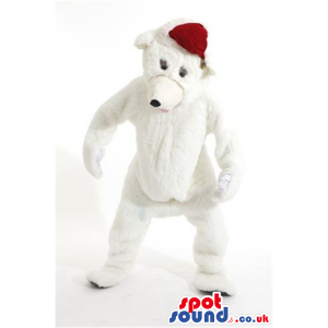 All White Polar Bear Plush Mascot Wearing A Santa Claus Hat -