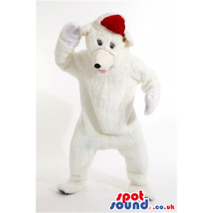 All White Polar Bear Plush Mascot Wearing A Santa Claus Hat -