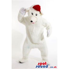 All White Polar Bear Plush Mascot Wearing A Santa Claus Hat -