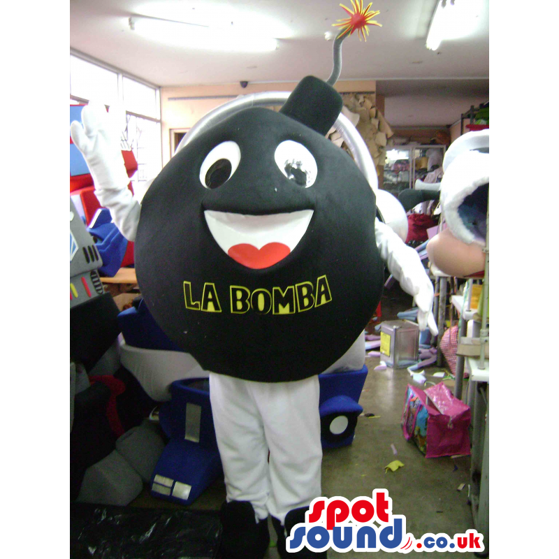 Ignited round black bomb mascot with white legs and arms -