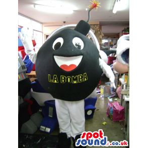 Ignited round black bomb mascot with white legs and arms -