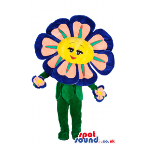 Blue and rose flower mascot with green legs as stem and branches