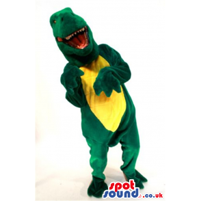 Cool Big Green Dinosaur Plush Mascot With A Yellow Belly. -