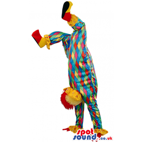 Red haired clown mascot with multicolored diamond pattern