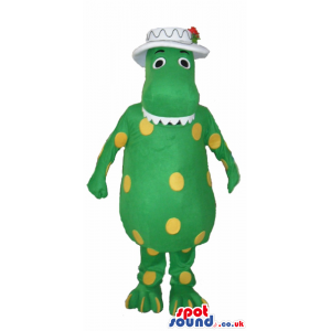 Green Lady Dinosaur Plush Mascot With Yellow Dots, Wearing A