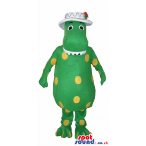 Green Lady Dinosaur Plush Mascot With Yellow Dots, Wearing A