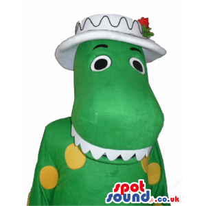 Green Lady Dinosaur Plush Mascot With Yellow Dots, Wearing A