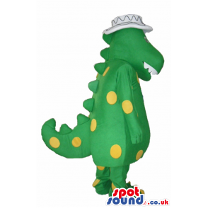 Green Lady Dinosaur Plush Mascot With Yellow Dots, Wearing A