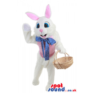 Cute White Rabbit Plush Mascot With Pink Ears And Blue Ribbon -