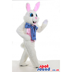 Cute White Rabbit Plush Mascot With Pink Ears And Blue Ribbon -