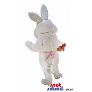 White Rabbit Plush Mascot Wearing A Red Bow With A Basket -