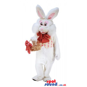 White Rabbit Plush Mascot Wearing A Red Bow With A Basket -
