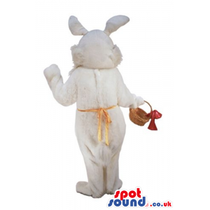 White Rabbit Plush Mascot Wearing A Red Vest With A Basket