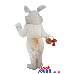 White Rabbit Plush Mascot Wearing A Red Vest With A Basket -