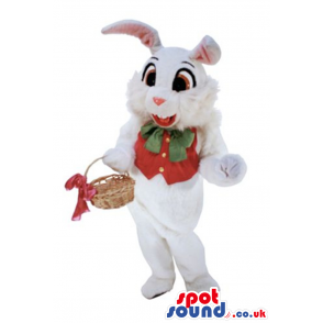 White Rabbit Plush Mascot Wearing A Red Vest With A Basket -