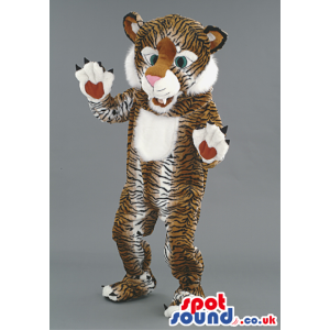 Smiling tiger mascot with white underbelly and pointy claws -