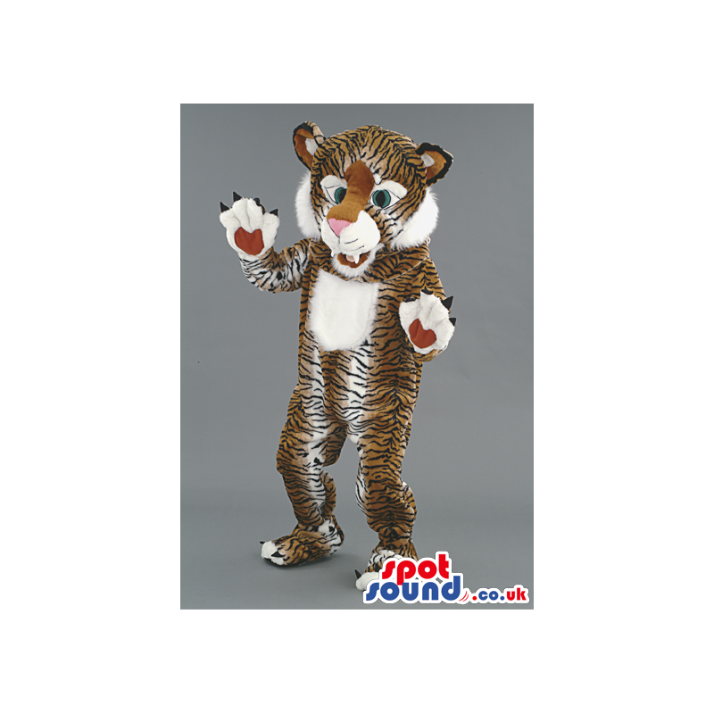 Smiling tiger mascot with white underbelly and pointy claws -