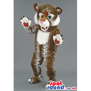 Smiling tiger mascot with white underbelly and pointy claws -