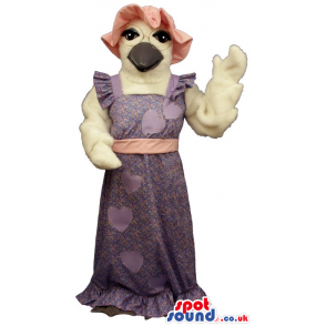 White Lady Duck Plush Mascot Wearing A Long Purple Dress -