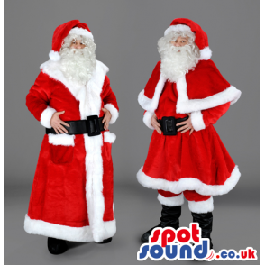 Two santa claus mascot in red and white different outfit -