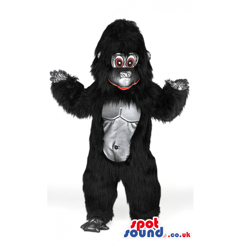 Fluffy giant black gorilla mascot with brown eyes and red lips
