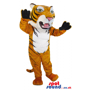 Big tiger mascot with black stripes and paws showing sharp