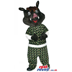 Wild, smiling boar mascot with military themed clothes